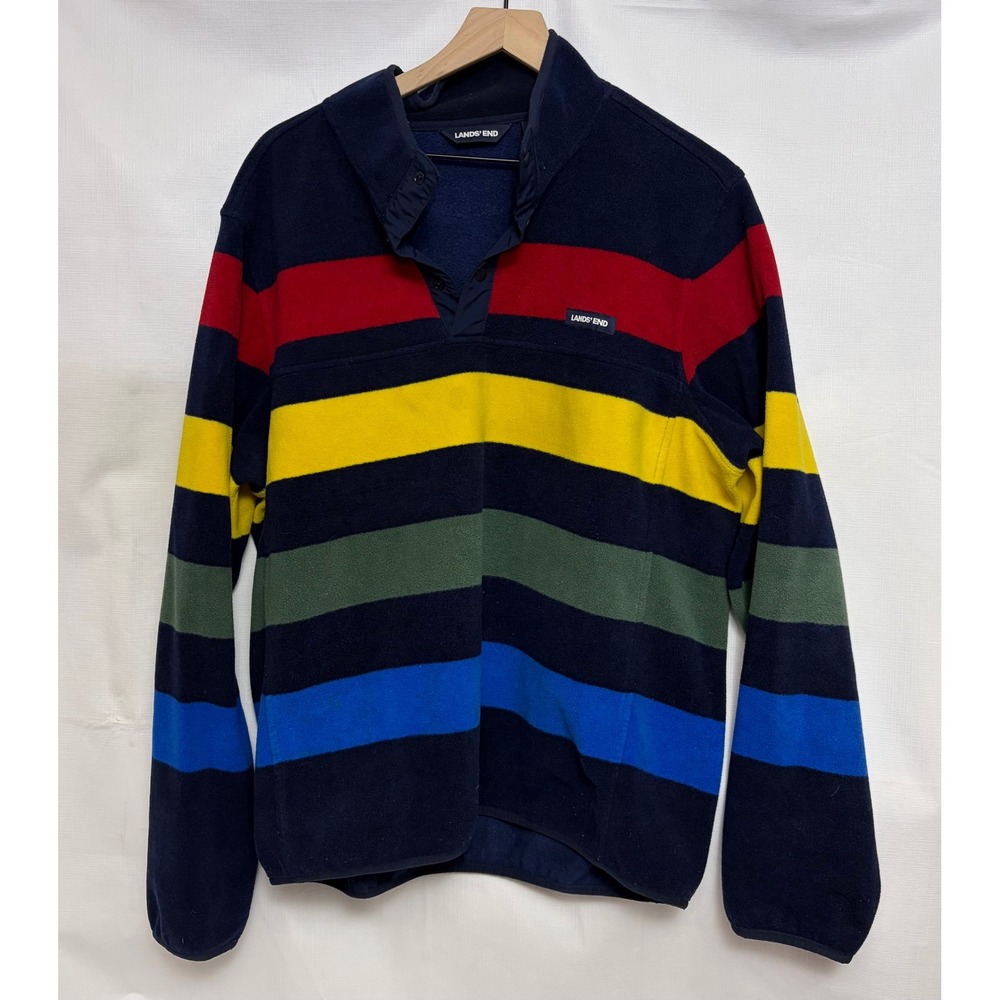 Lands' End Fleece Pullover Mens L Blue Multi Color Excellent Striped Snap Neck